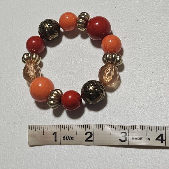Handcrafted Beaded Stretch Bracelet Orange Beads Retro 60s 70s Fashion Jewelry - Picture 3 of 3